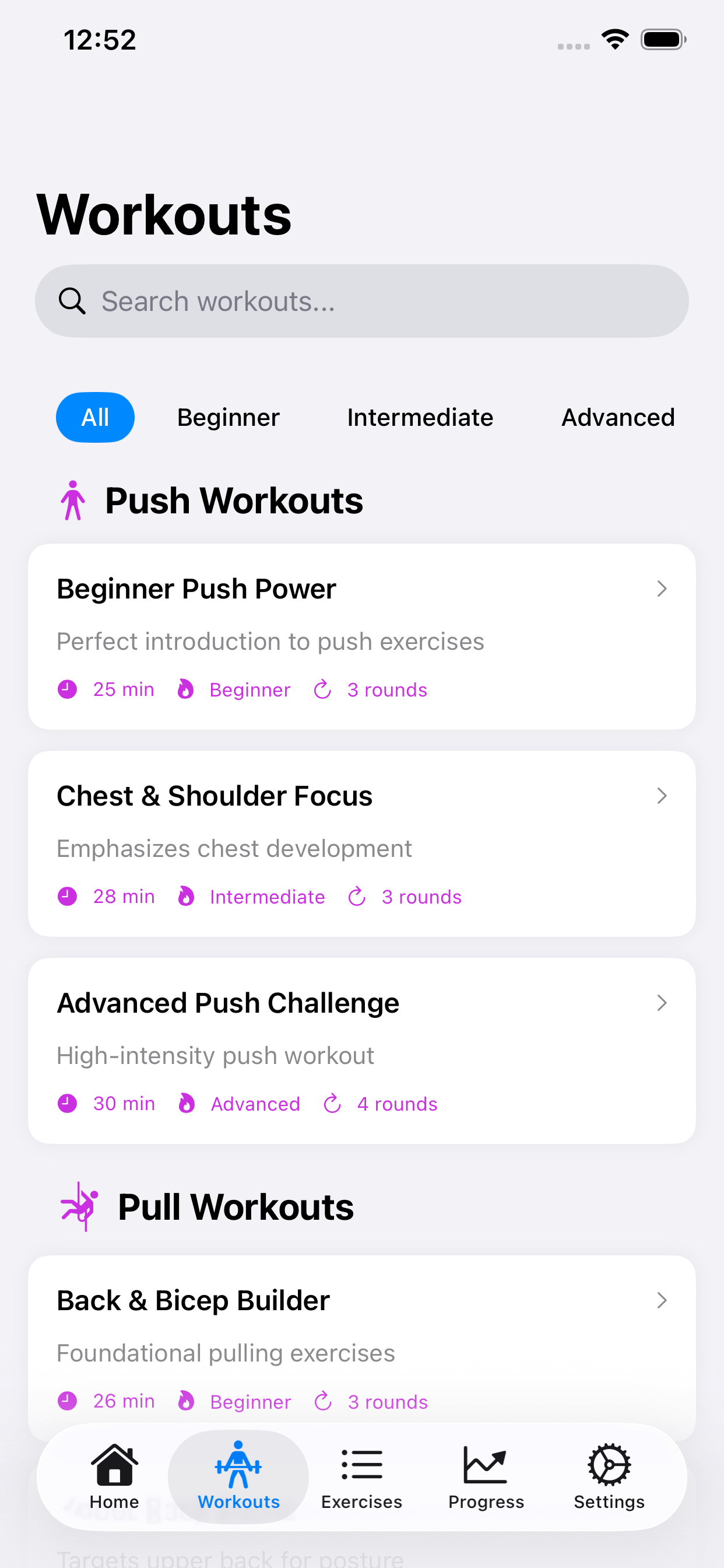 Workouts screen